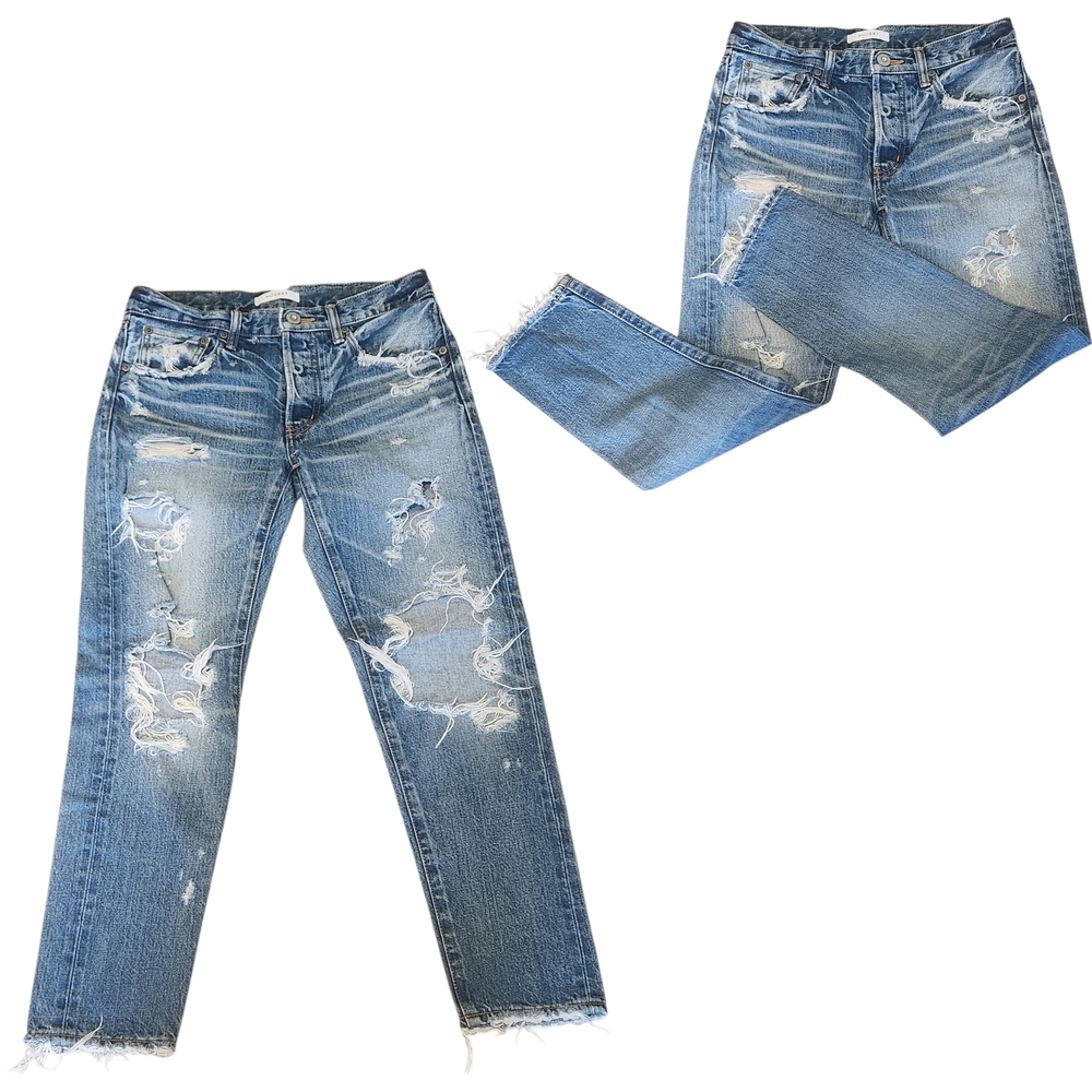 MOUSSY Women's 26 Adel Heavily Distressed Buttonfly Cotton Tapered Denim Jeans